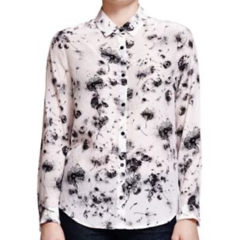 The Kooples white black silk dandelion print button down dress shirt size small